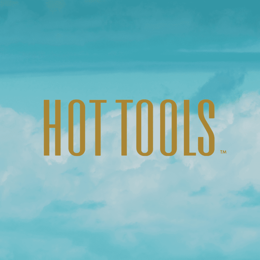 Hot Tools logo on a sky blue background with clouds.