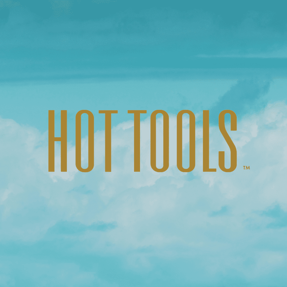 Hot Tools logo on a sky blue background with clouds.